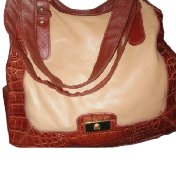 Two Tone Brown Shoulder Bag Crocodile Textured Sides Gold Toned Hardware - Picture 3 of 10